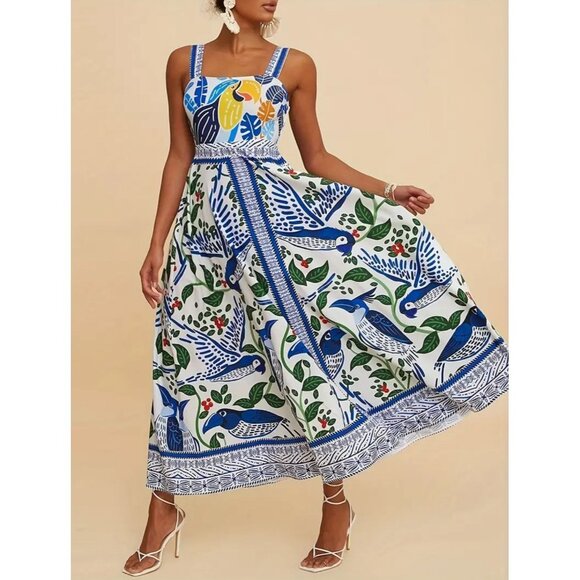 TROPICAL Blue White Midi Summer Dress Size Small NEW - Picture 1 of 4